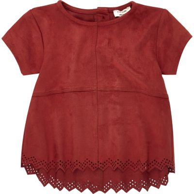 Mini girls red faux suede top